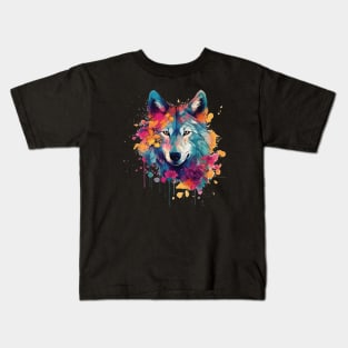 Colorful wolf with flowers Kids T-Shirt